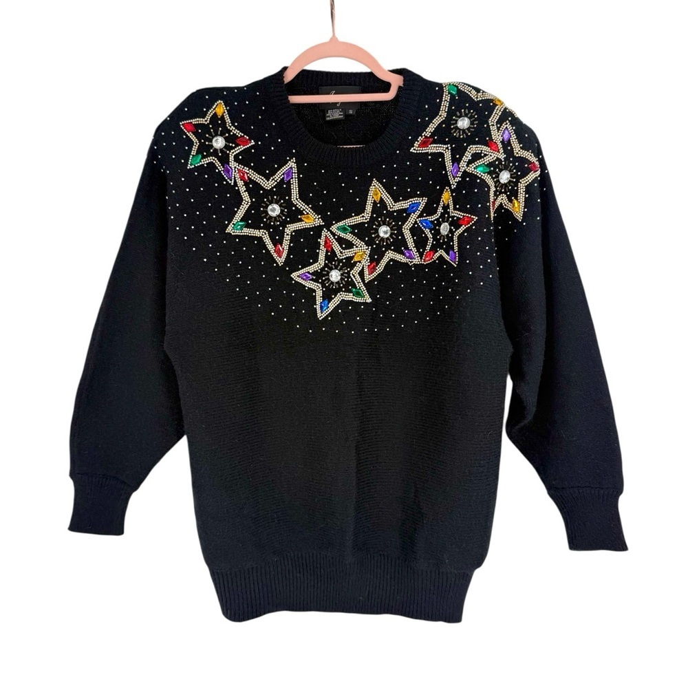 Vintage Angenie Jeweled Starry Night Embellished Sweater Glam Knit Black